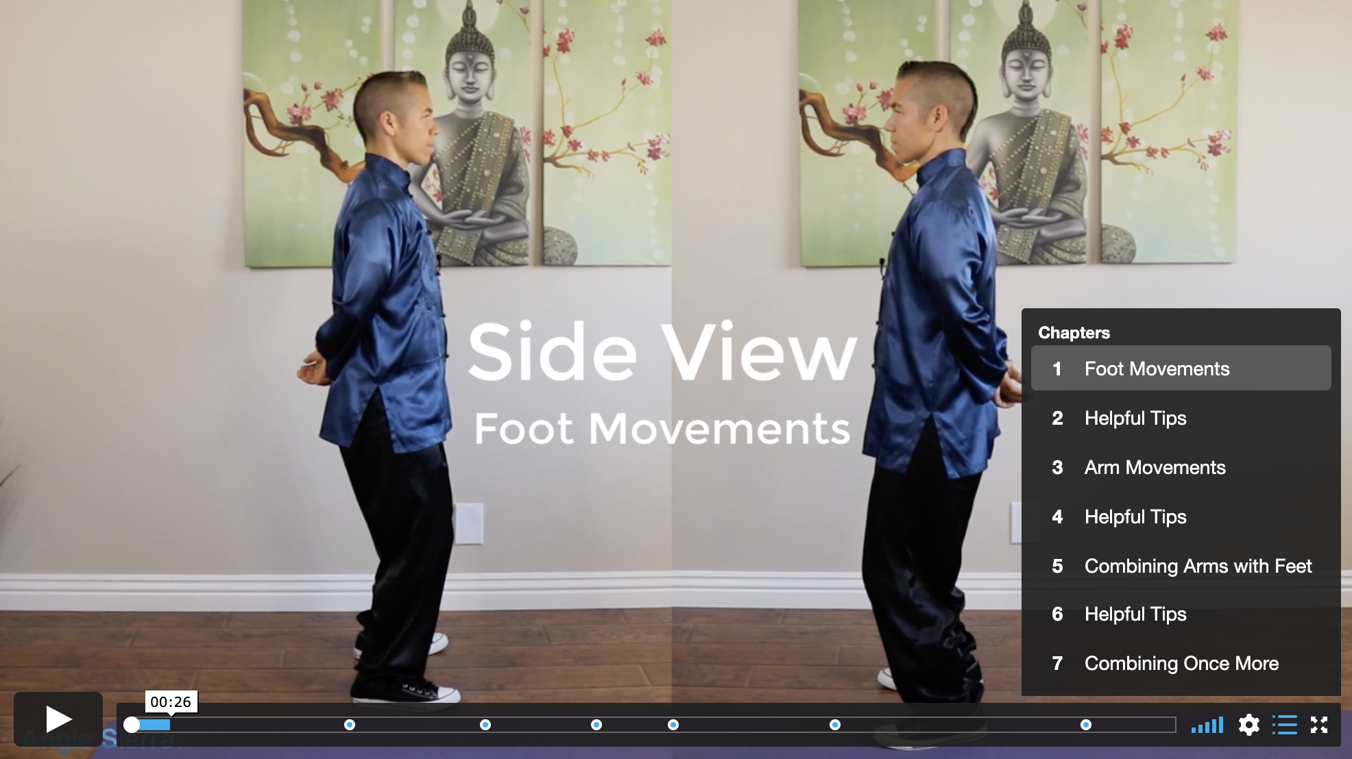 instructor Angie Sierra from tai chi for beginners facing herself using two camera angles and showing chapter menus and timestamps displayed in the step-by-step tai chi online course